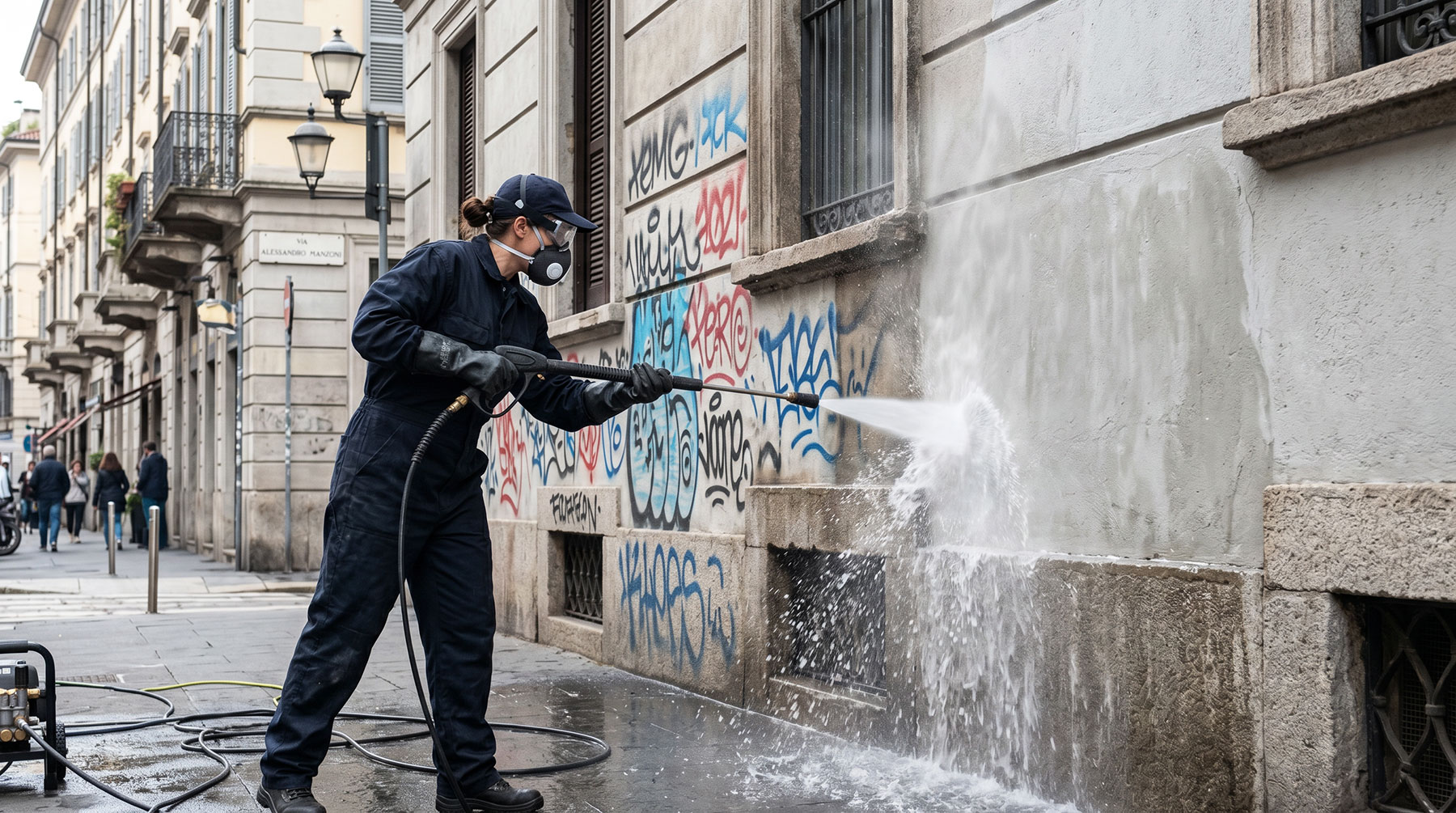 Operatore professionista rimuove graffiti da una facciata condominiale a Milano — Ma.Ro. Servizi