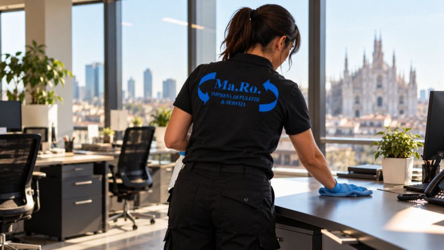 Operatrice Ma.Ro. Servizi in divisa al lavoro in un ufficio di Milano con vista sul Duomo